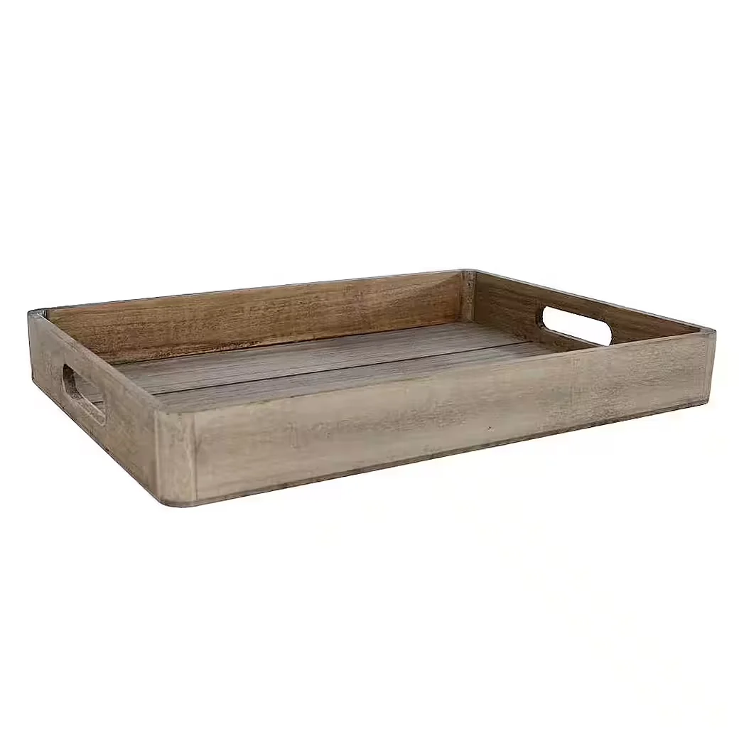 Dekotablett aus Holz – rechteckiges Tablett in Grau mit Griffen